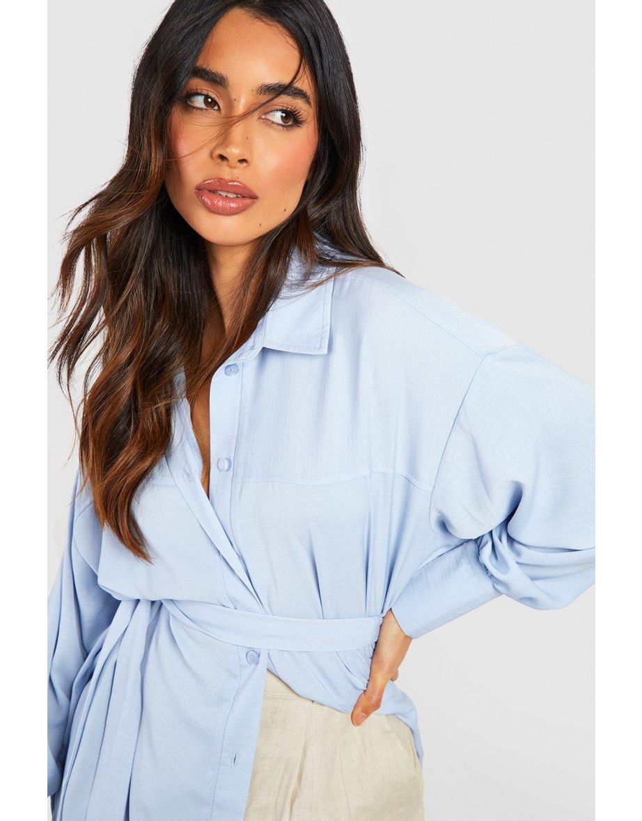 Textured Linen Look Twill Belted Drop Shoulder Slouch Shirt - blue - 3
