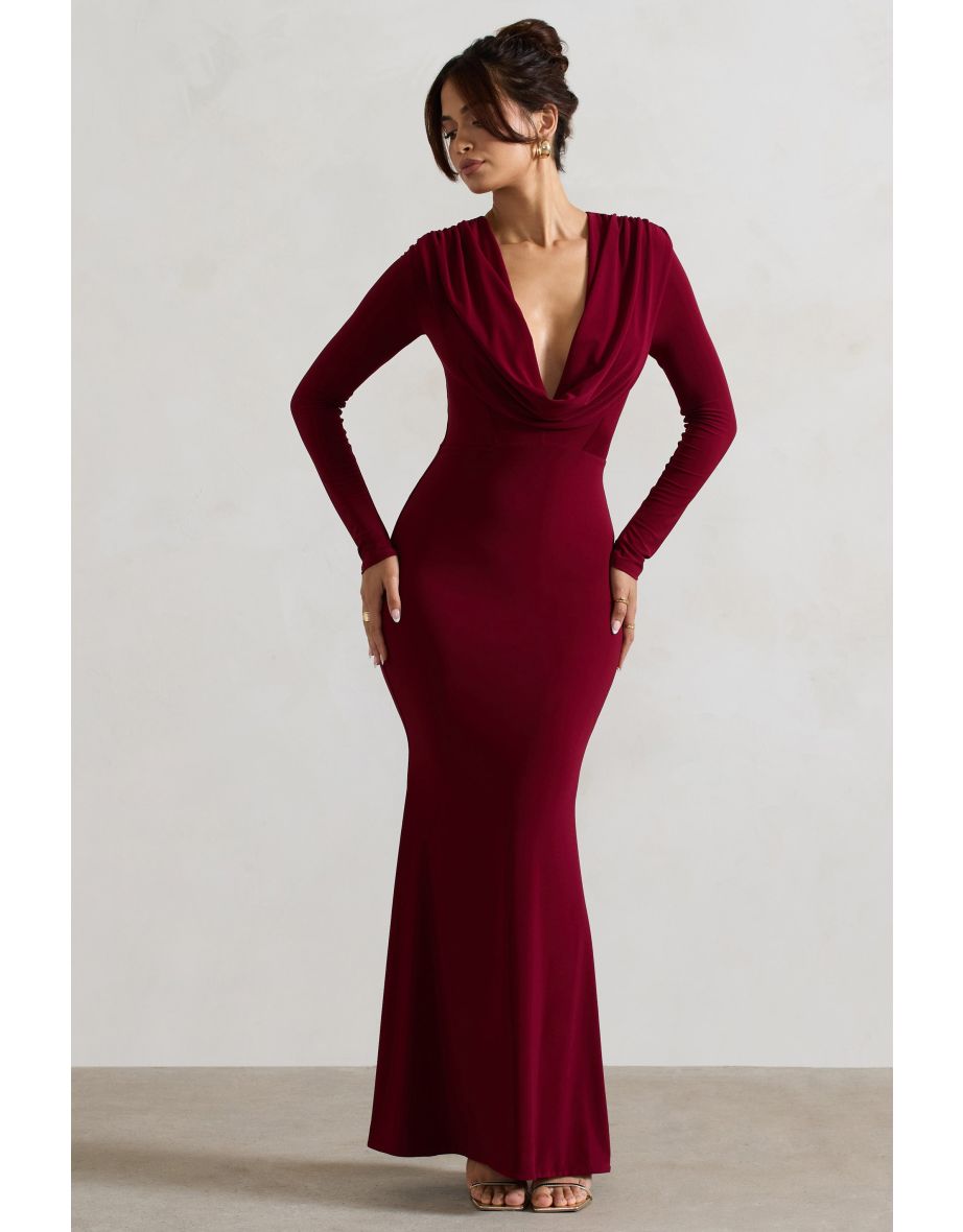 Heavy Heart | Berry Cowl-Neck Long-Sleeve Maxi Dress - 4