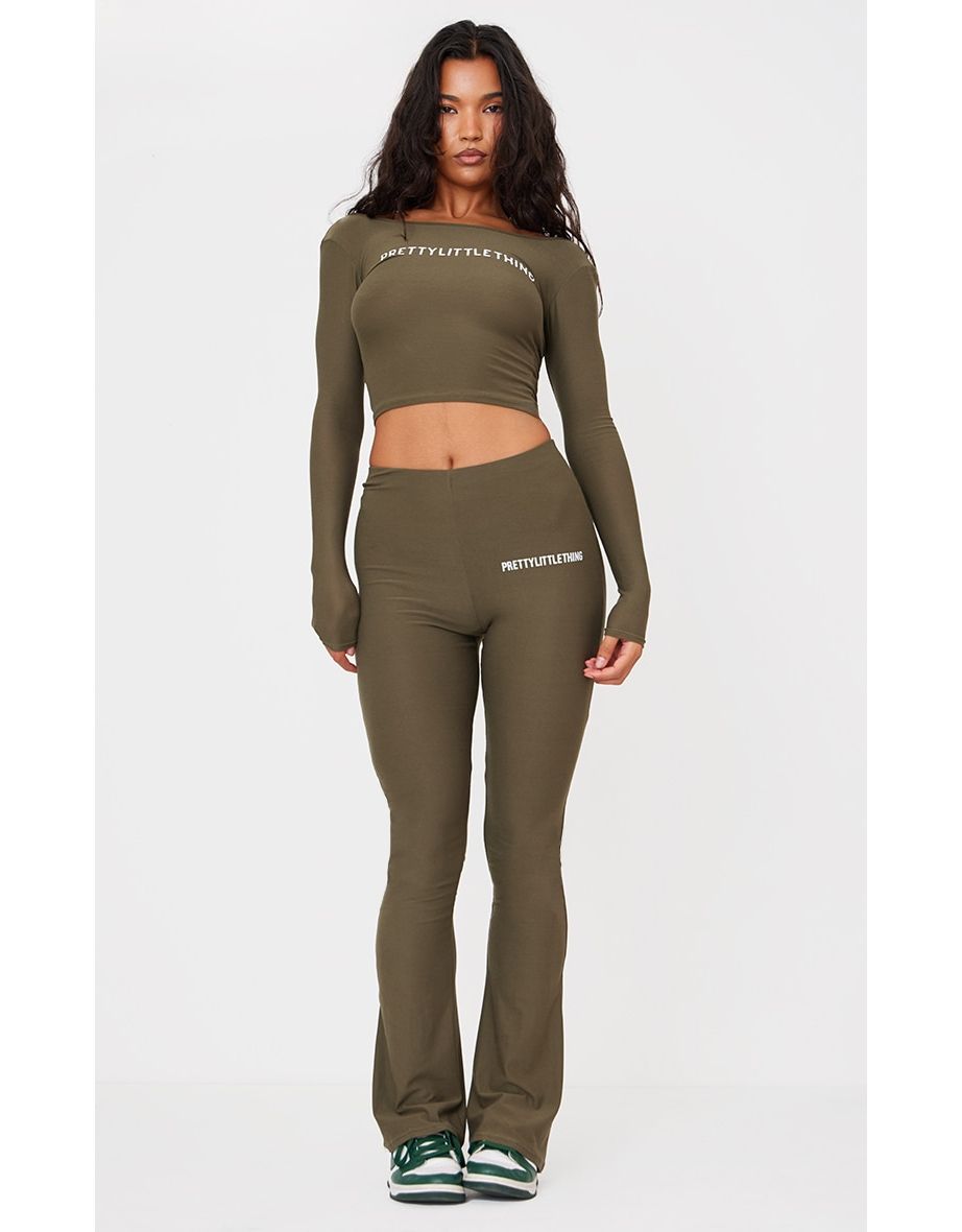 Khaki Cotton High Waist Flared Trousers