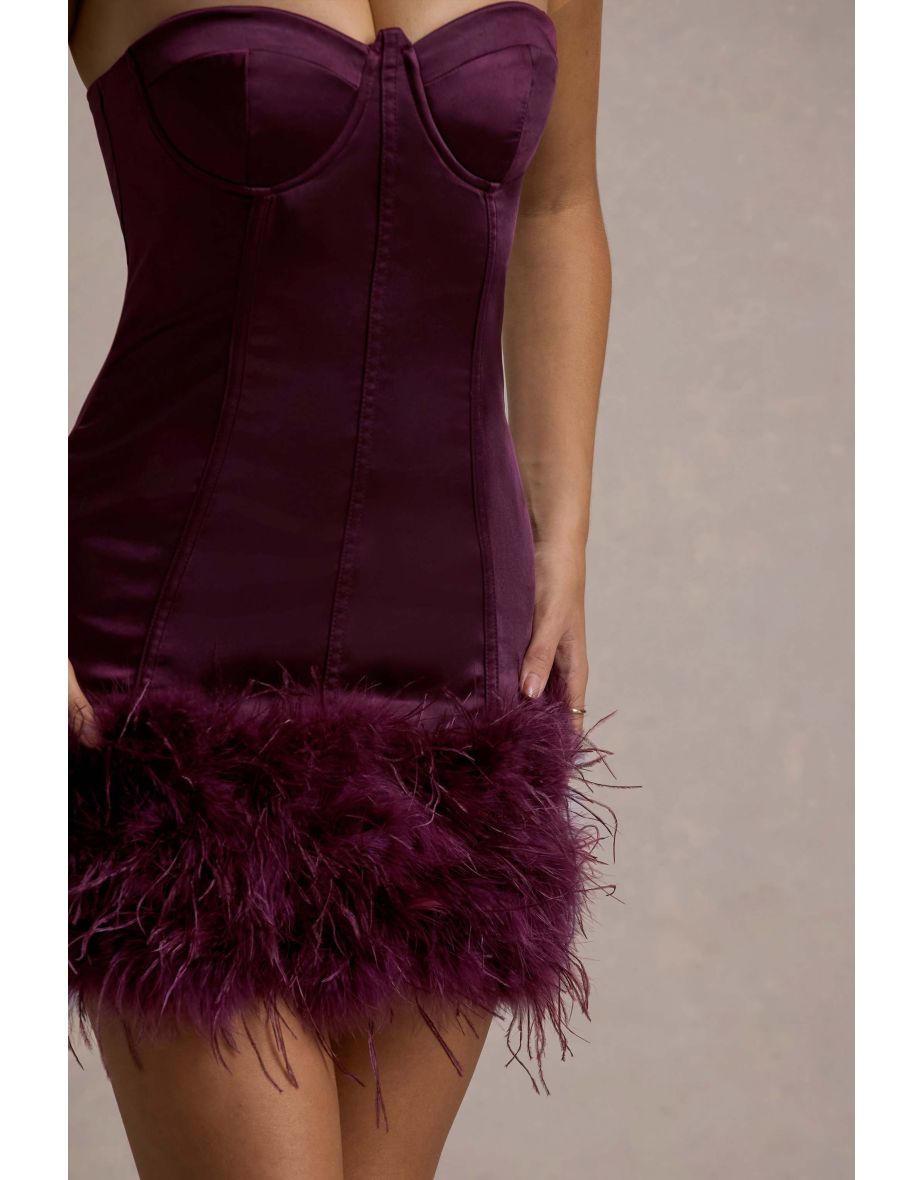 Vampira | Burgundy Satin Corset Feather Mini Dress - 6
