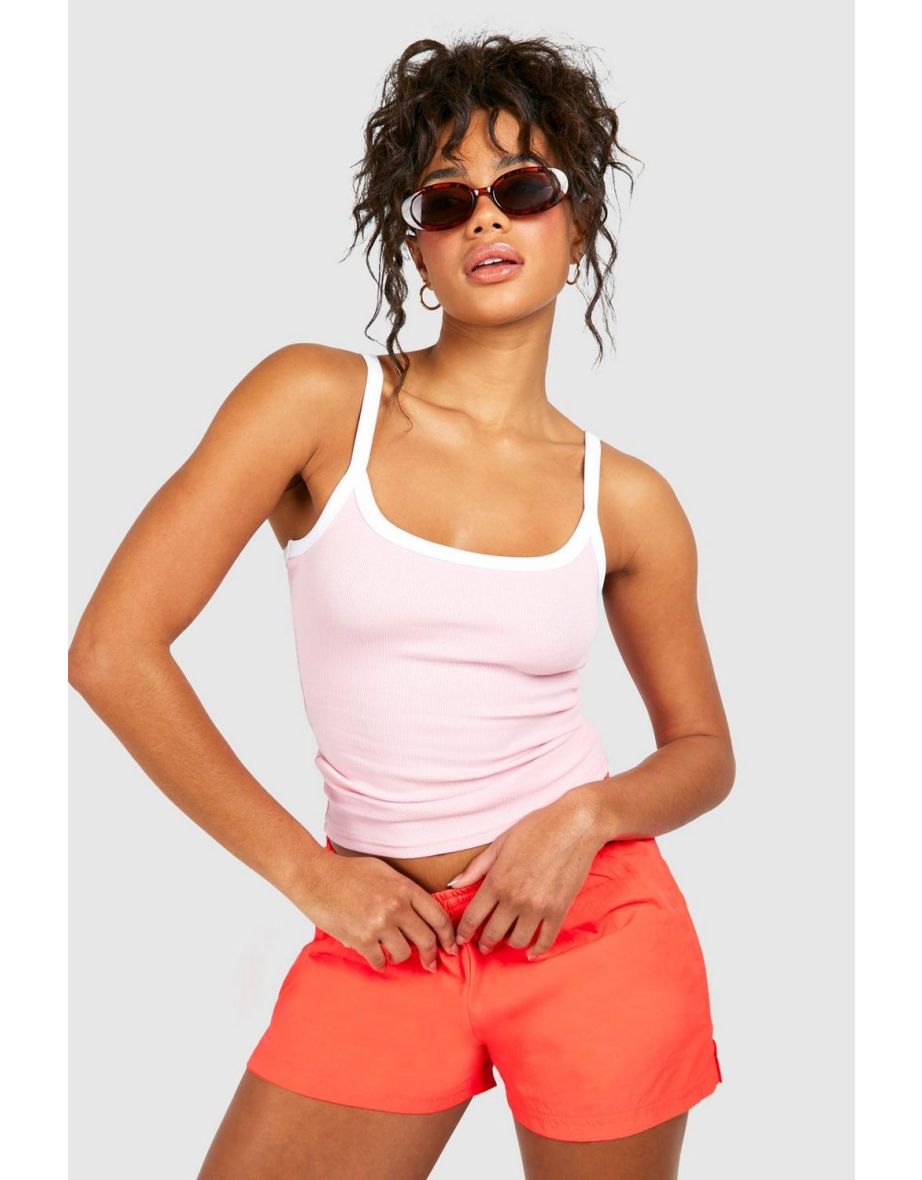 Premium Contrast Rib Strappy Vest - baby pink
