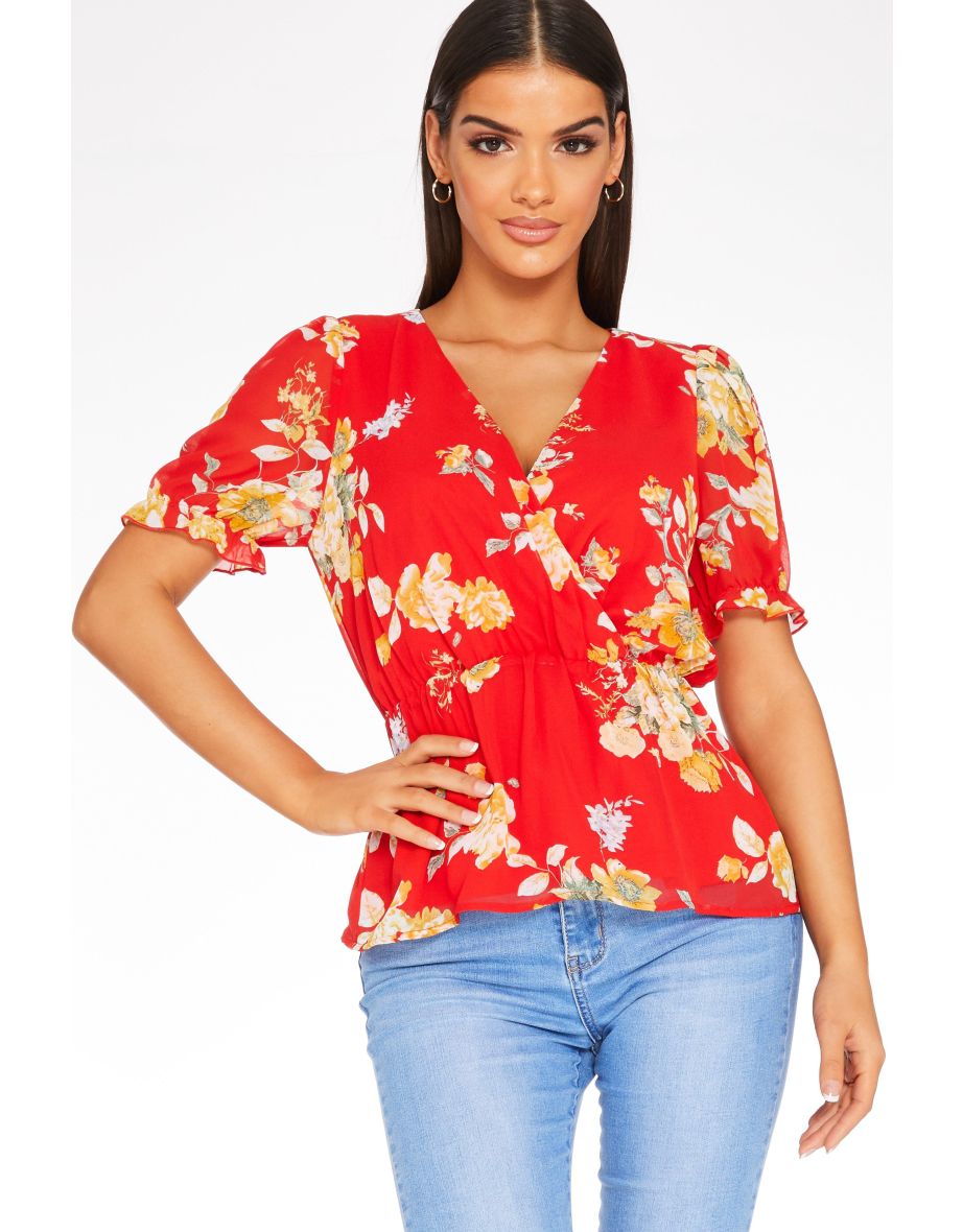 Red Floral Wrap Top
