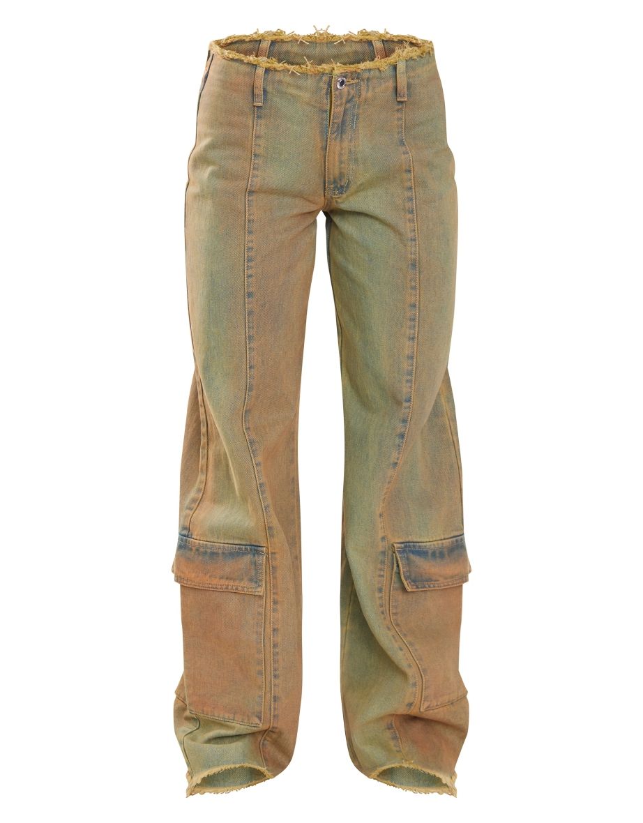 Yellow Tint Frayed Hem Pocket Detail Jeans - 4