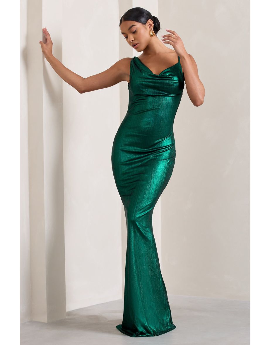 Galaxy Shimmer | Green Bias Cut Cowl Front Maxi Dress