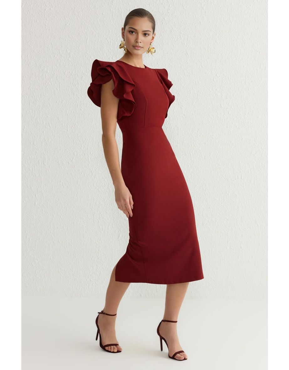 Burgundy Body-Styling Flounce Detail Elegant Dress