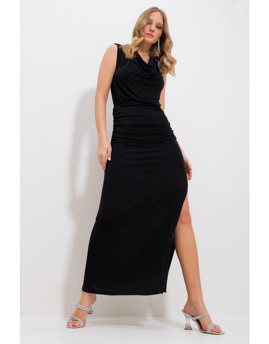Women's Black Turndown Collar Draped Slit Buzzy Evening Dress