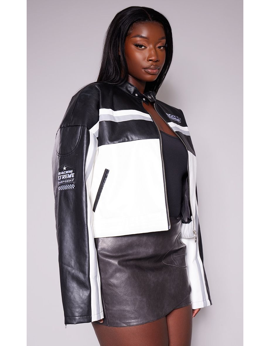 Shop Plus Black Contrast Panel Quilted Detail Faux Leather Motocross Jacket Online in Qatar VogaCloset