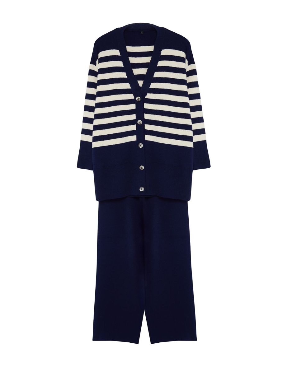 Navy Blue Cardigan Trousers Knitwear Bottom-Top Set - 6