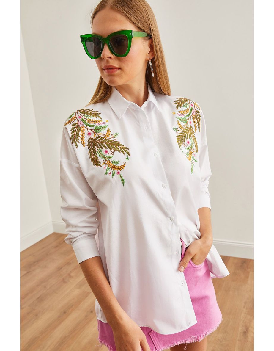 Women's Leaf White Embroidery Detailed Oversize Woven Shirt