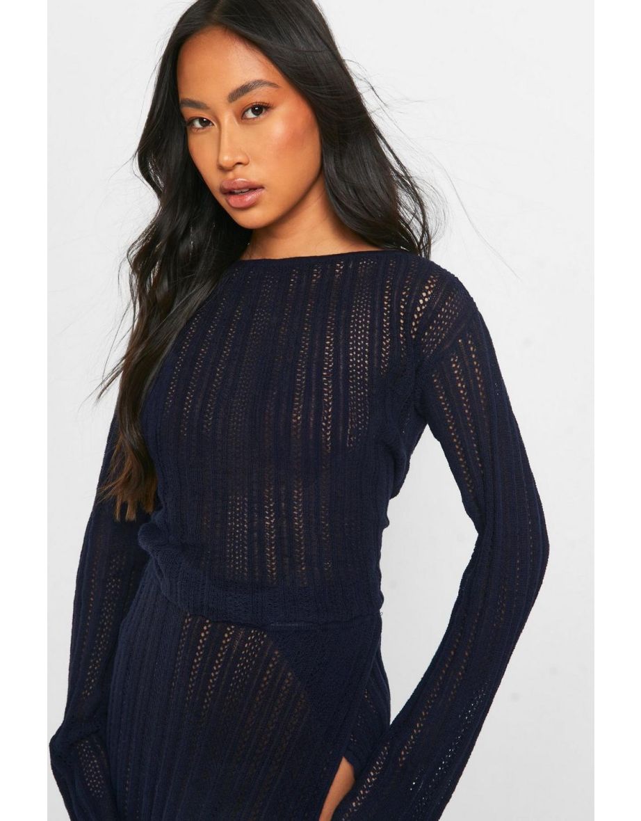 Tie Back Top And Thigh Split Maxi Skirt Crochet Knit Set - navy - 3