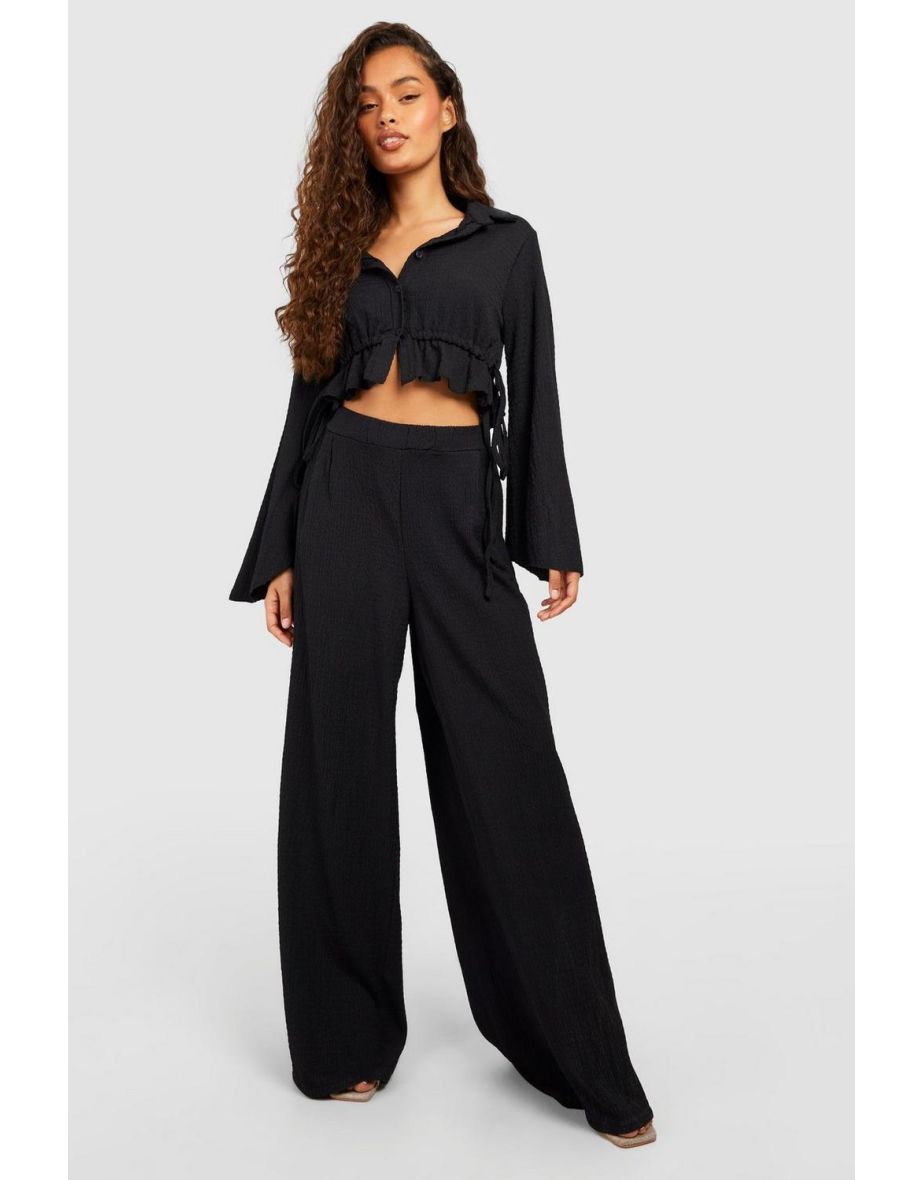Tonal Crinkle Elasticated Waist Wide Leg Trousers - black