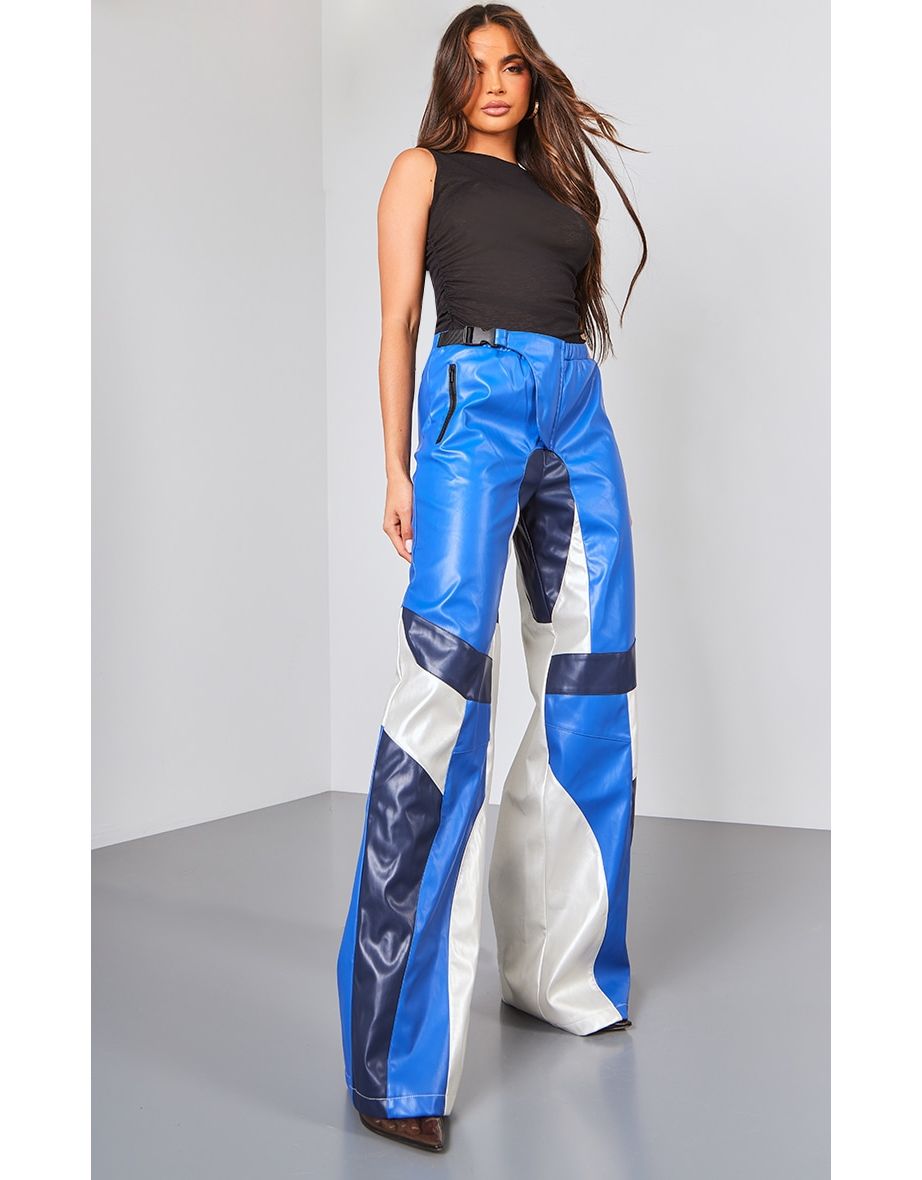 Shop Blue Faux Leather Panel Detail Motorcross Trousers Online in Oman VogaCloset