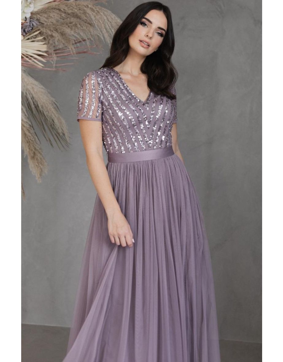 Maya Moody Lilac Stripe Embellished Maxi Dress With Sash Belt
