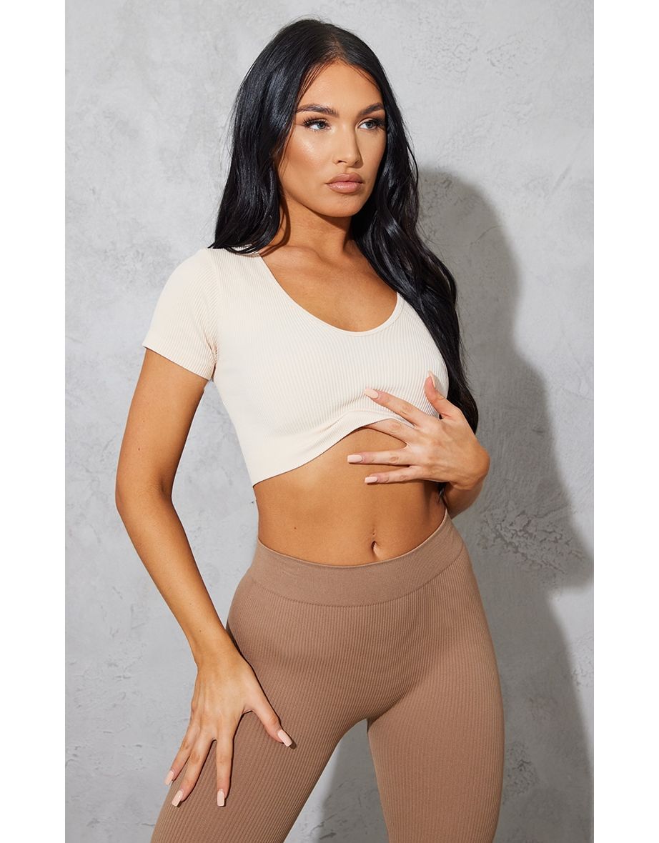 Ecru Contour Rib V Neck Band Short Sleeve Crop Top