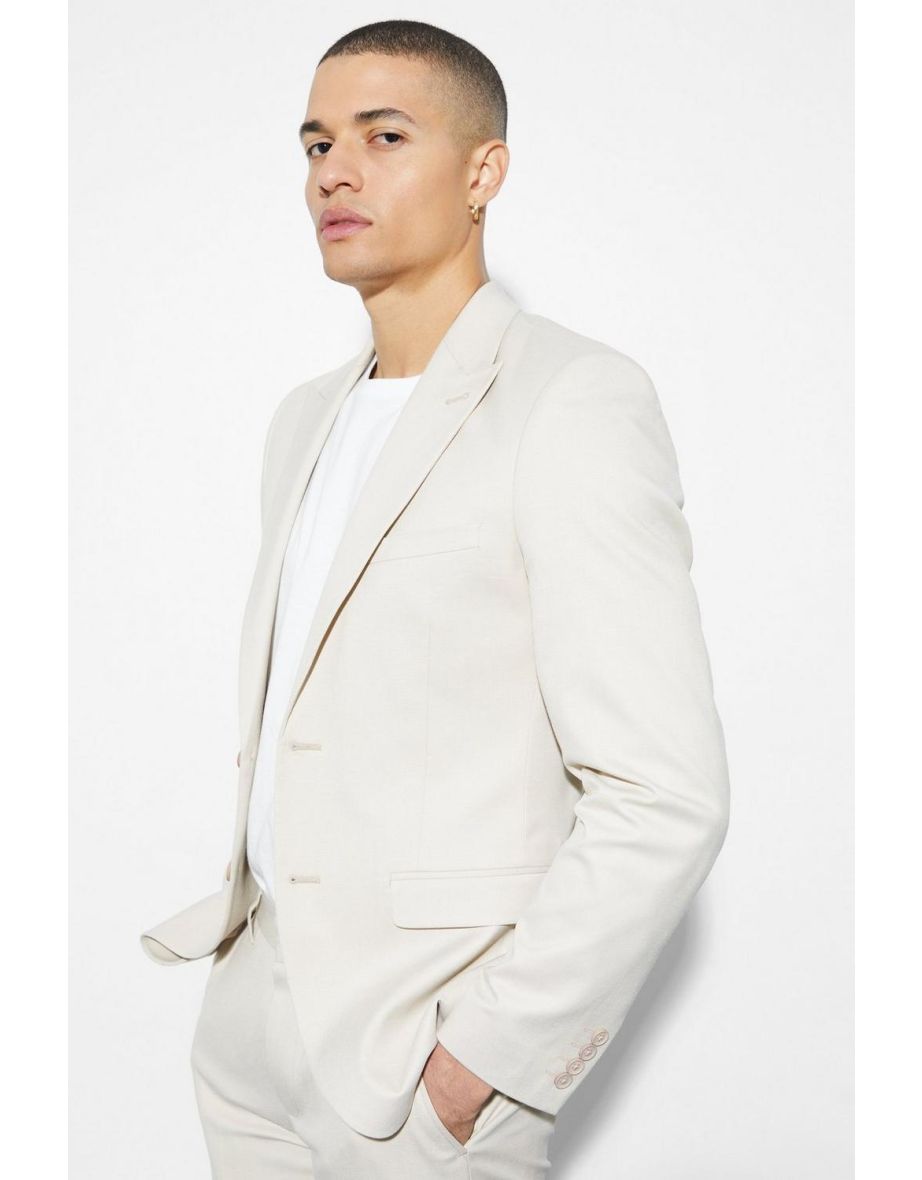 Skinny Single Breasted Linen Suit Jacket - beige