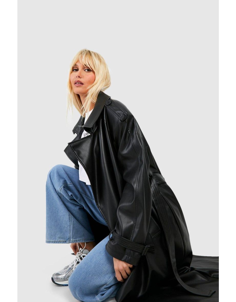Faux Leather Maxi Trench Coat - black - 3