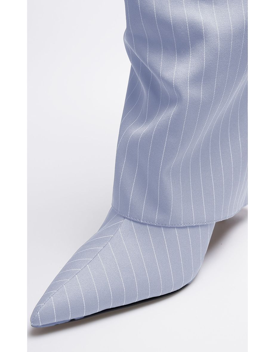 Grey Pinstripe Point Toe Fold Over Knee High Stiletto Heeled Boots - 3