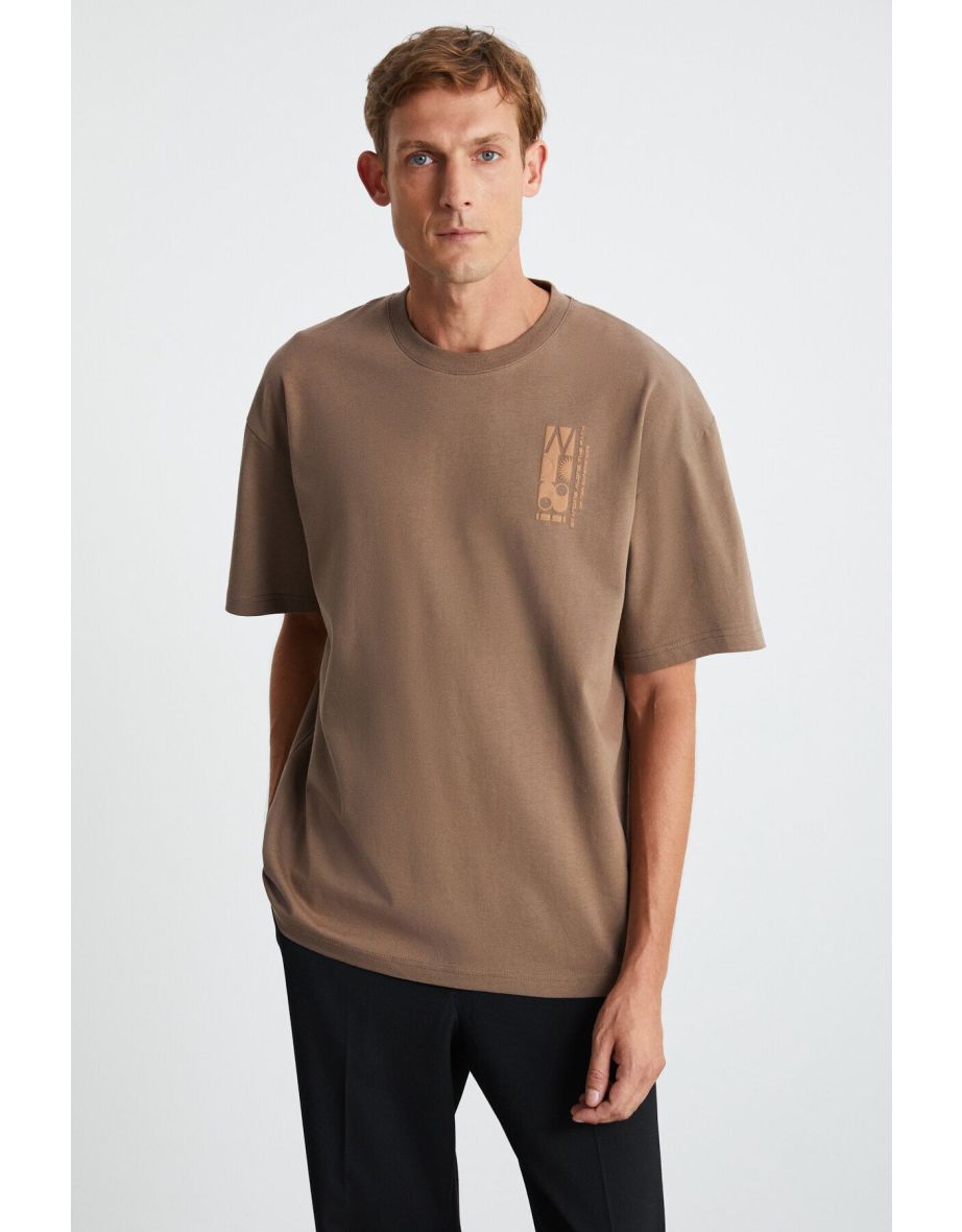 Antonio Men's Printed Detailed 100% Organic Cotton Knitted Oversize Mink T-shirt