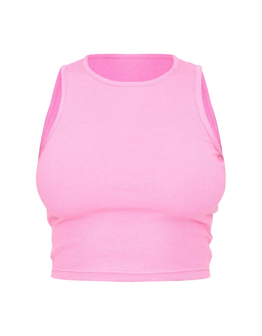 Pink Basic Rib Racer Crop Top - 4