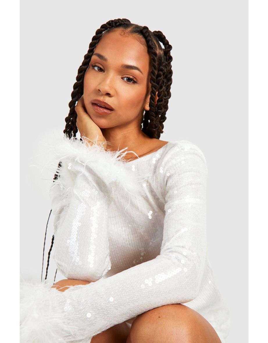 Tall Sequin Fluffy Feather Trim Mini Dress - 3