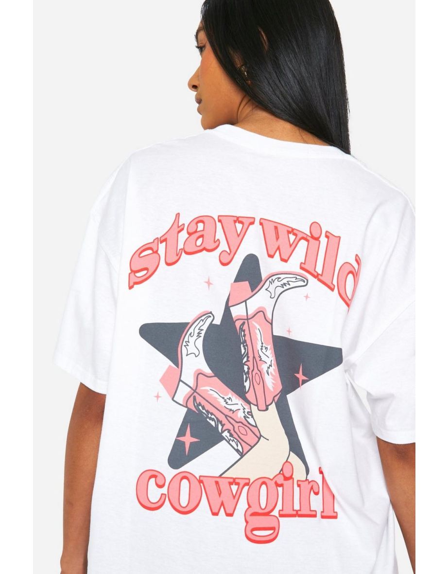 Stay Wild Cowgirl Western Slogan Printed Oversized T-shirt - white - 3