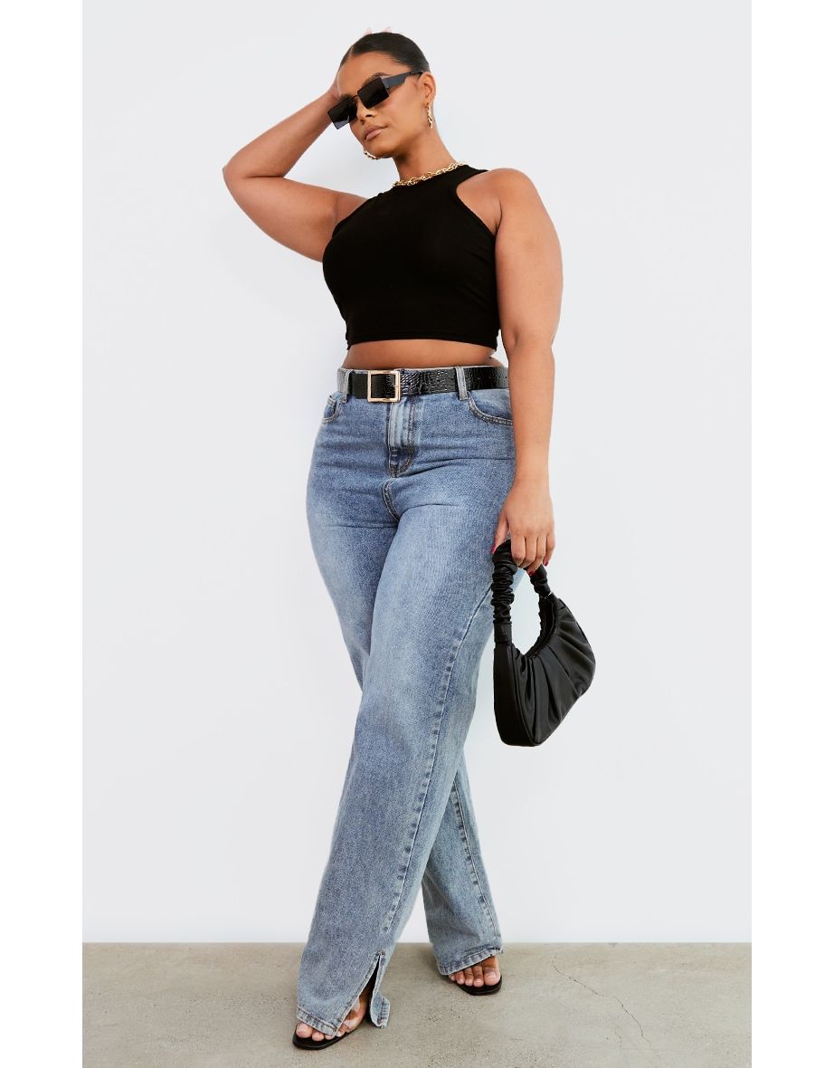 Plus Black Racer Neck Crop Top