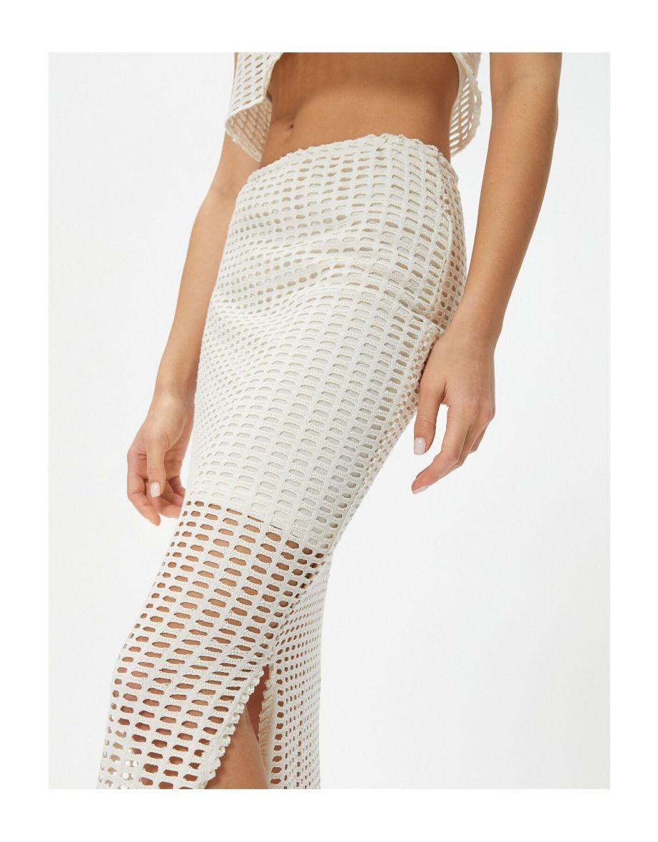 Mesh Pencil Skirt Midi Length High Waist Side Slits Lined Slim Fit - 4