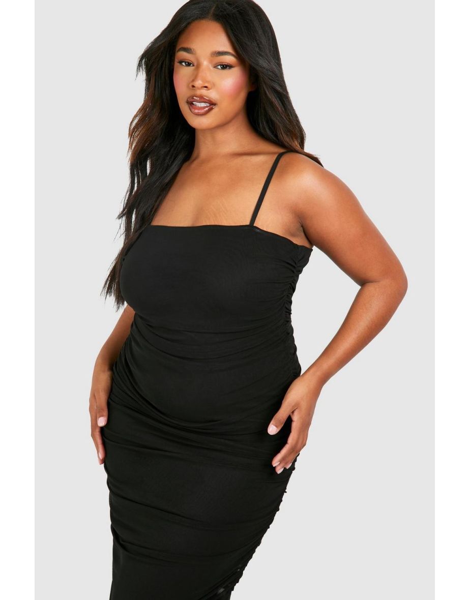 Plus Strappy Mesh Ruched Maxi Dress - black - 3