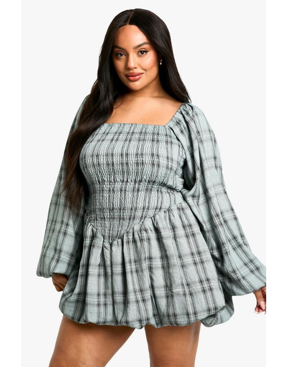 Plus Checked Puff Ball Shirred Dress