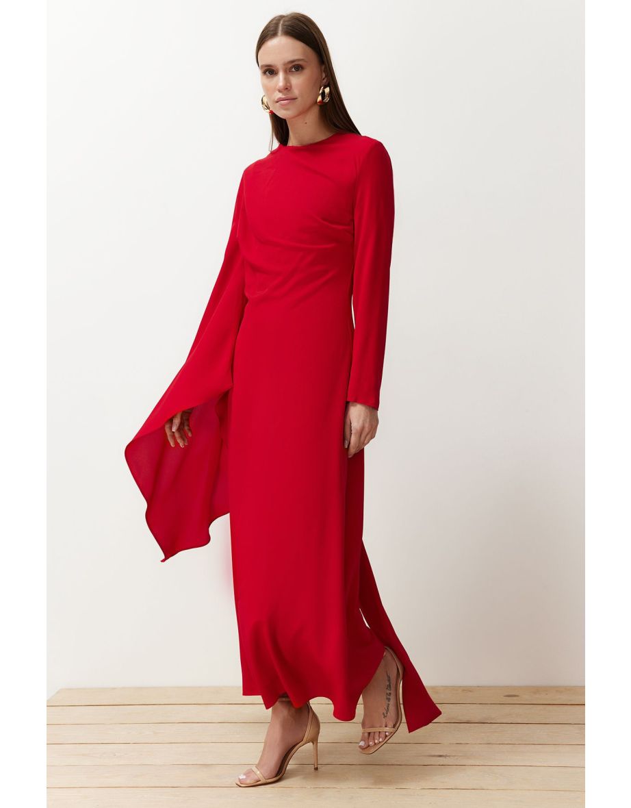 Red Shawl Detailed Evening Dress