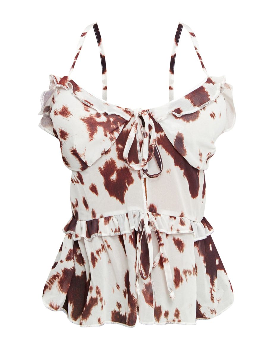 Brown Printed Chiffon Tie Front Ruffle Top - 4