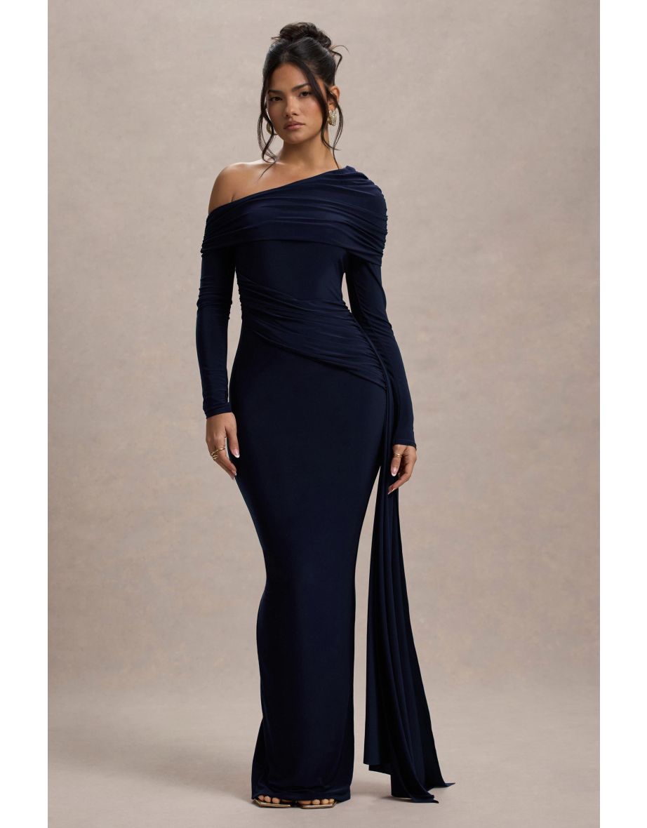 Valina | Navy Ruched Asymmetric Maxi Dress With Drape