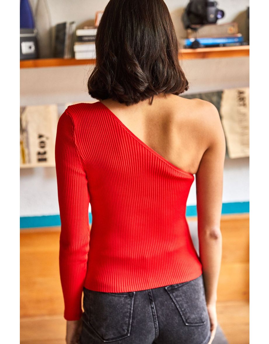 Women's Red One-Shoulder Waist Top Crop Knitwear top - 3