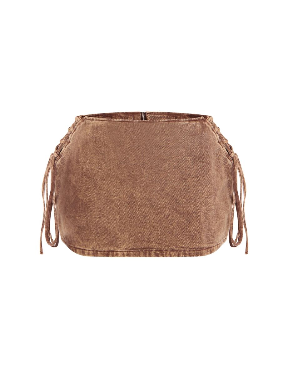 Petite Washed Brown Denim Lace Up Mini Skirt - 5