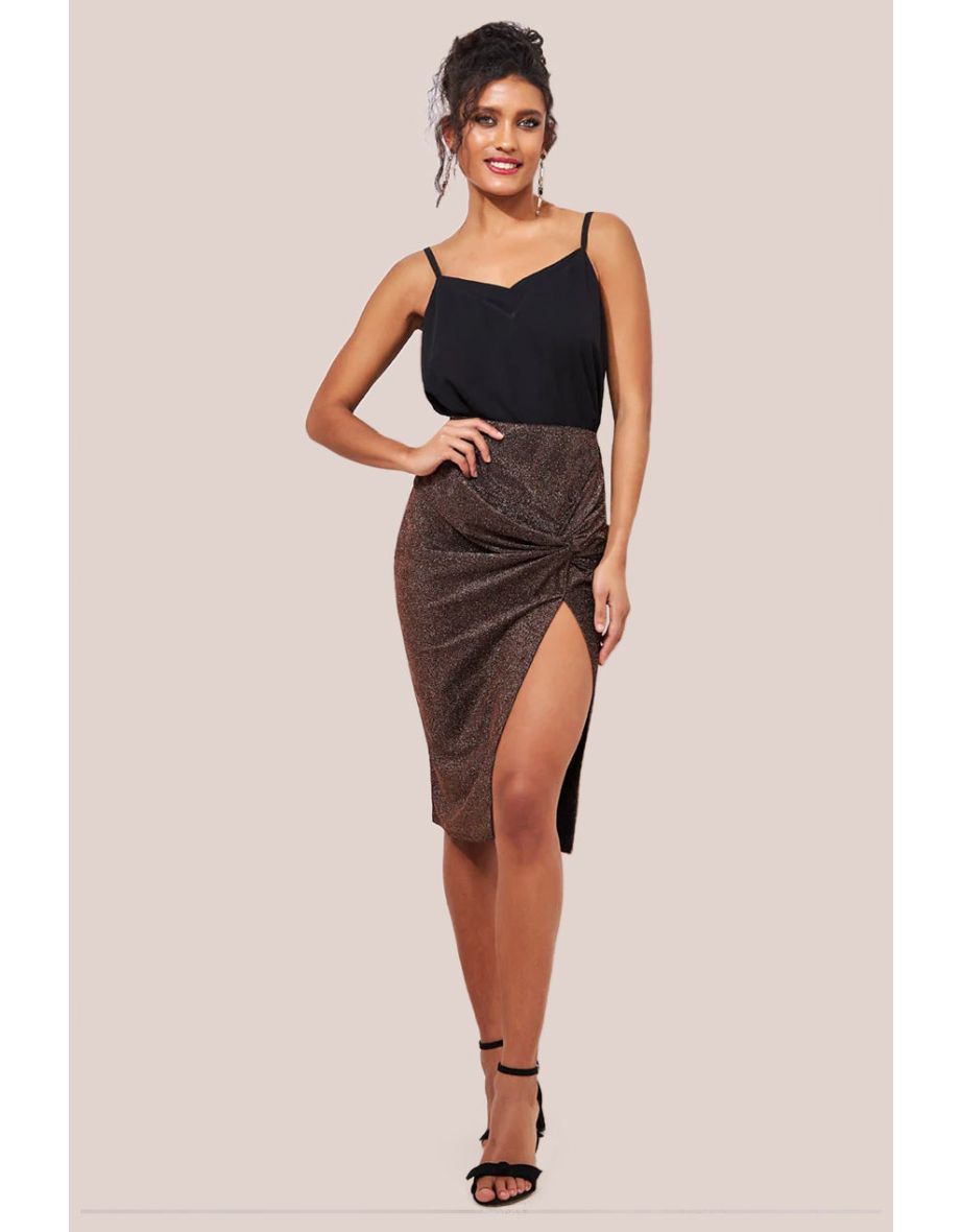 Goddiva Knot Front Thigh Split Midi Skirt - Bronze