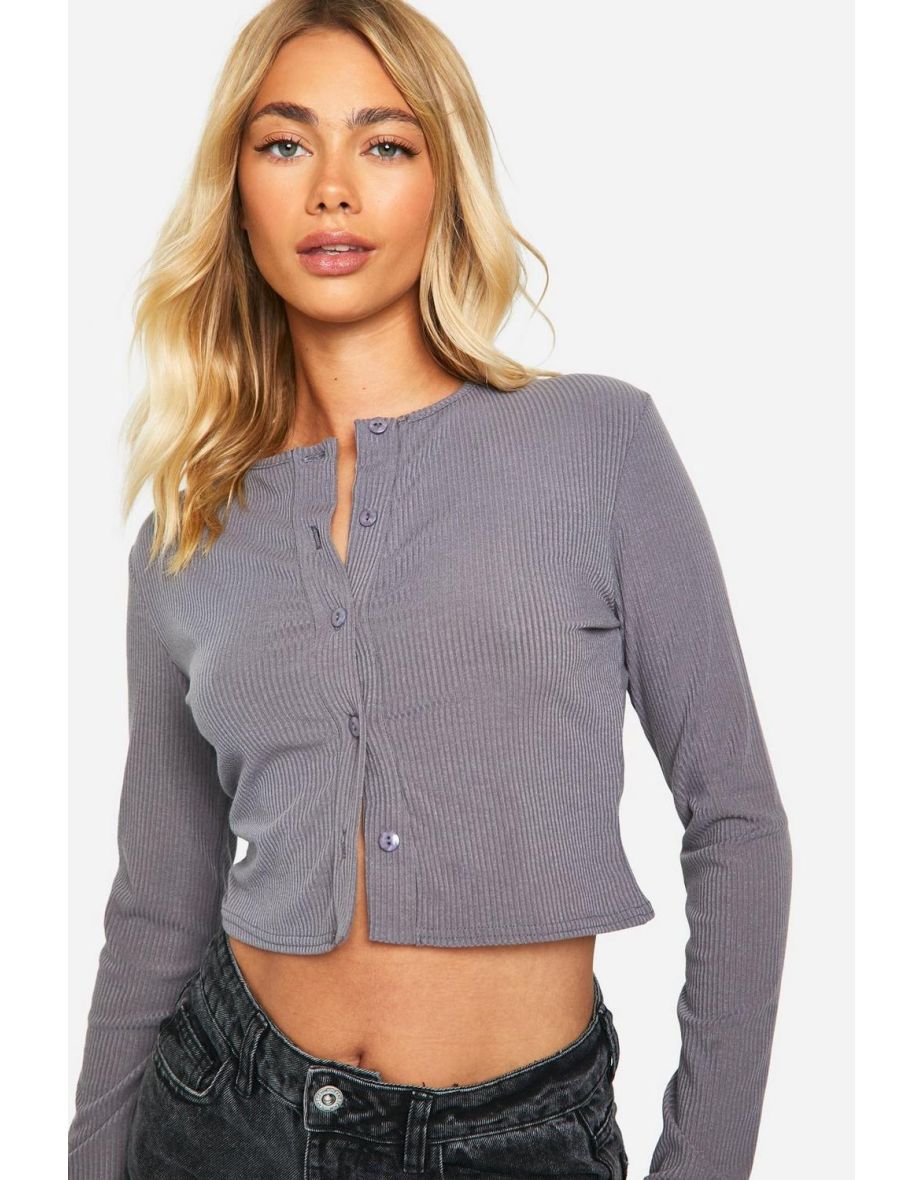 Button Through Ribbed Long Sleeve Top - grey - 3