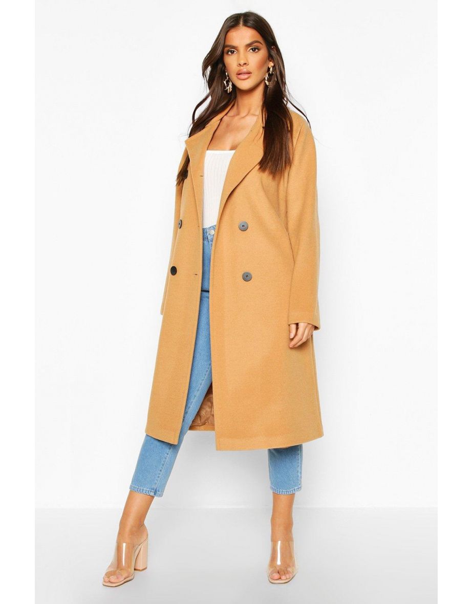 Double Breasted Belted Wool Look Coat - camel
