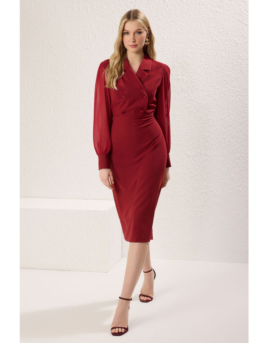 Burgundy Body-hugging Chiffon Sleeve Detailed Midi Woven Dress