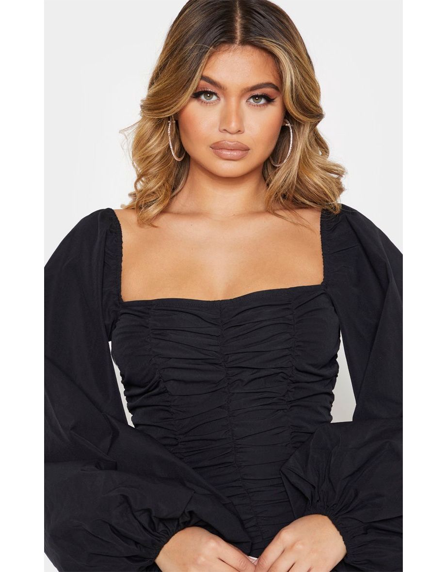 Black Balloon Sleeve Ruched Bodycon Dress - 4