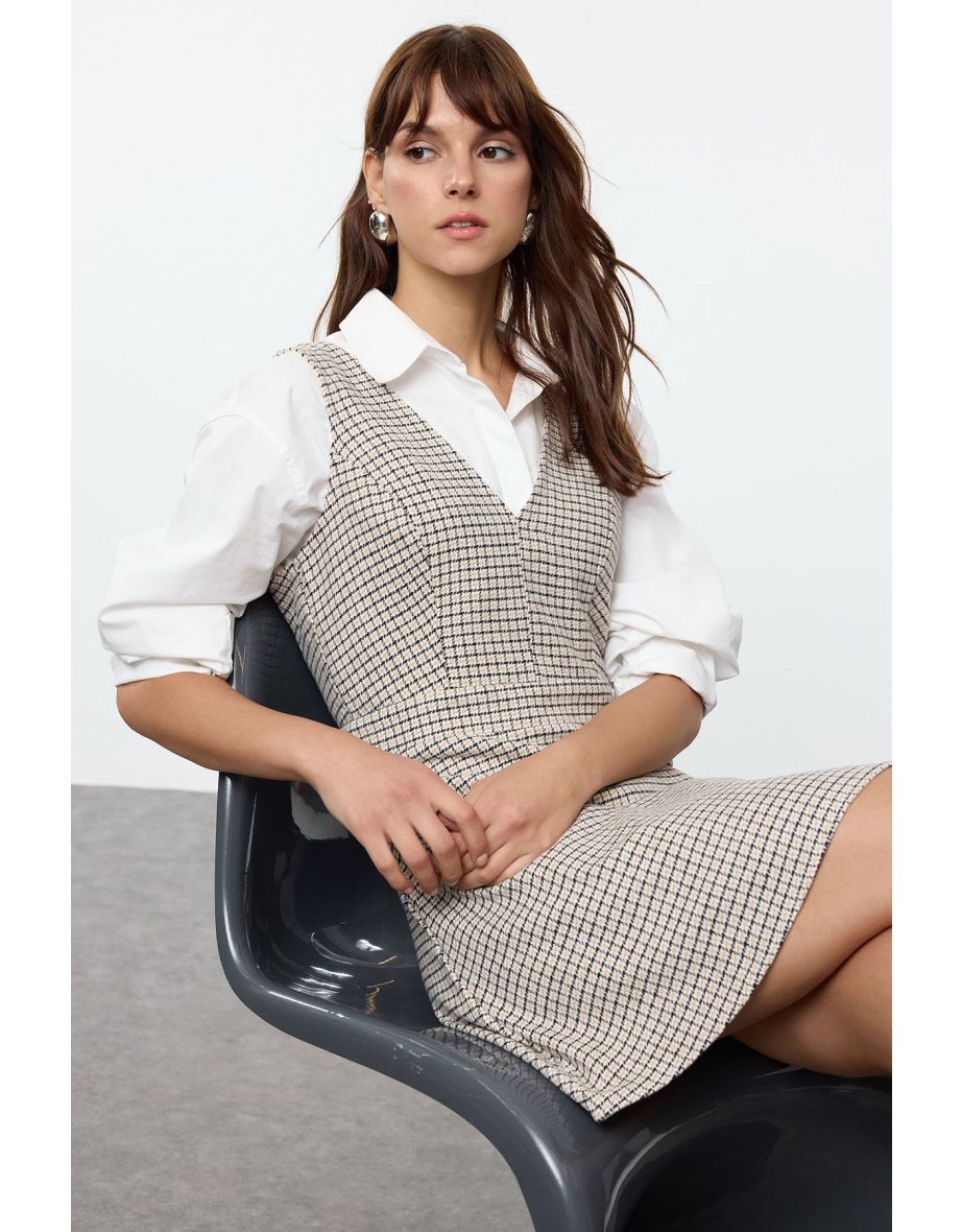 Beige Plaid / Checked Gilet Mini Woven Dress - 4