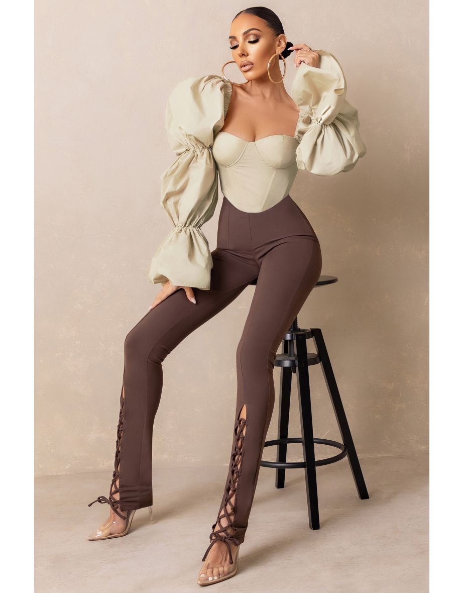 Accomplish | Brown Lace Up Detail Legging With Split Hem - 4