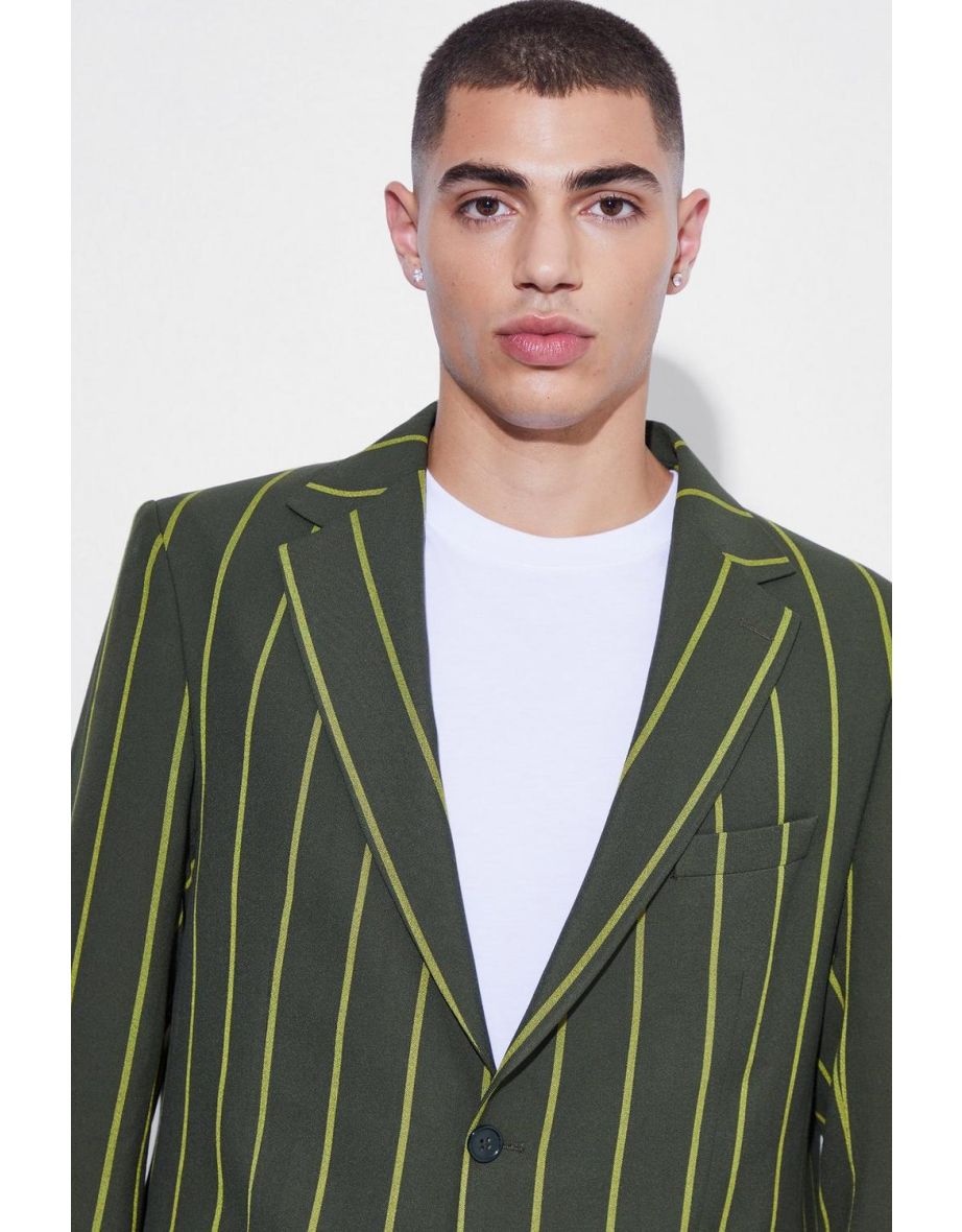 Relaxed Single Breasted Wide Stripe Suit Jacket - forest - 2