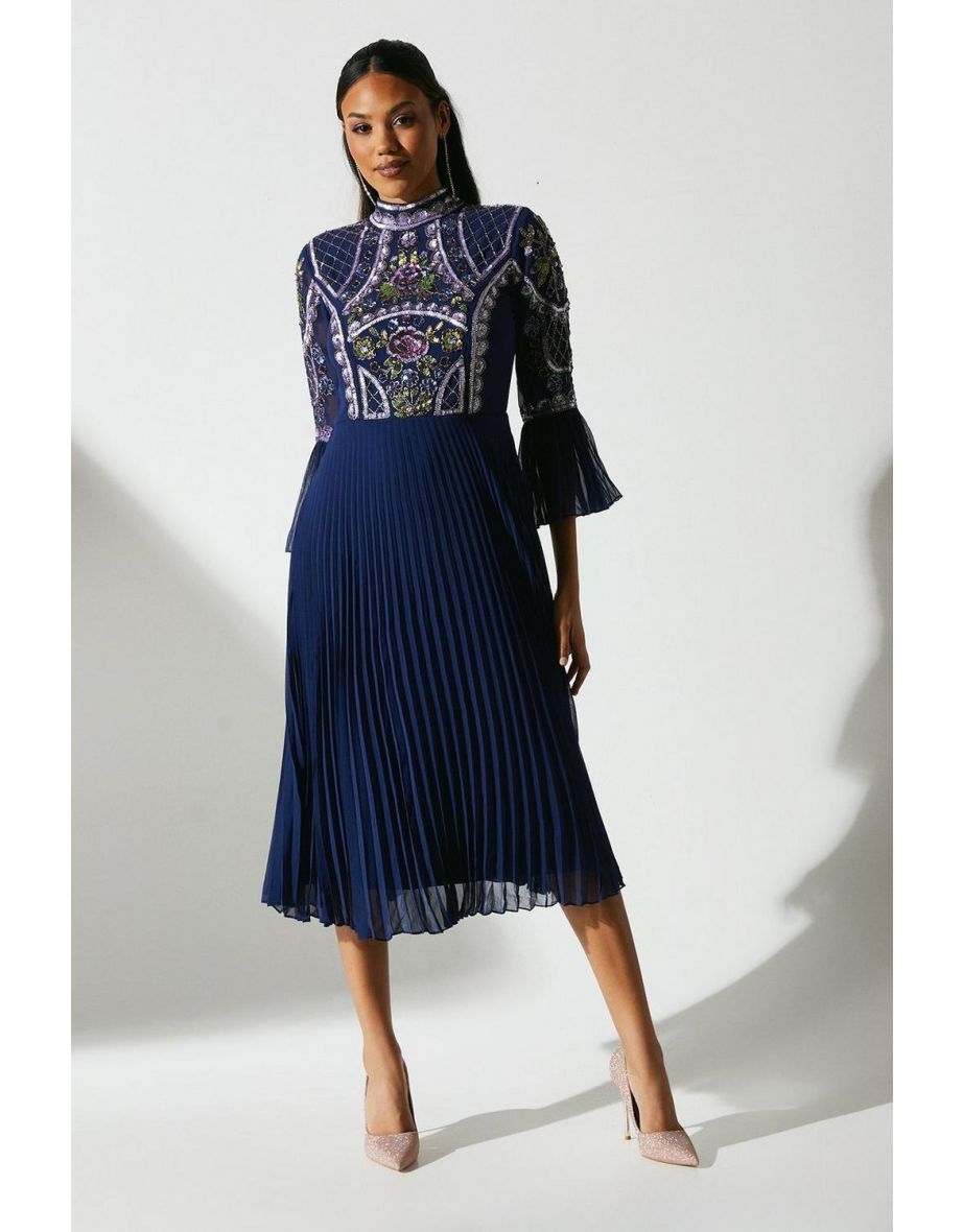 Embellished Short Sleeve Midi Wedding Guest Dress