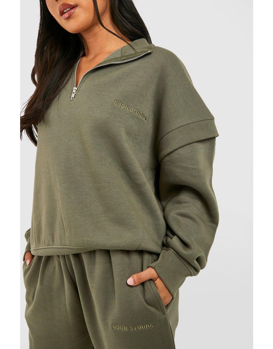 Petite Quarter Zip  Shoulder Detail Tracksuit - olive - 3