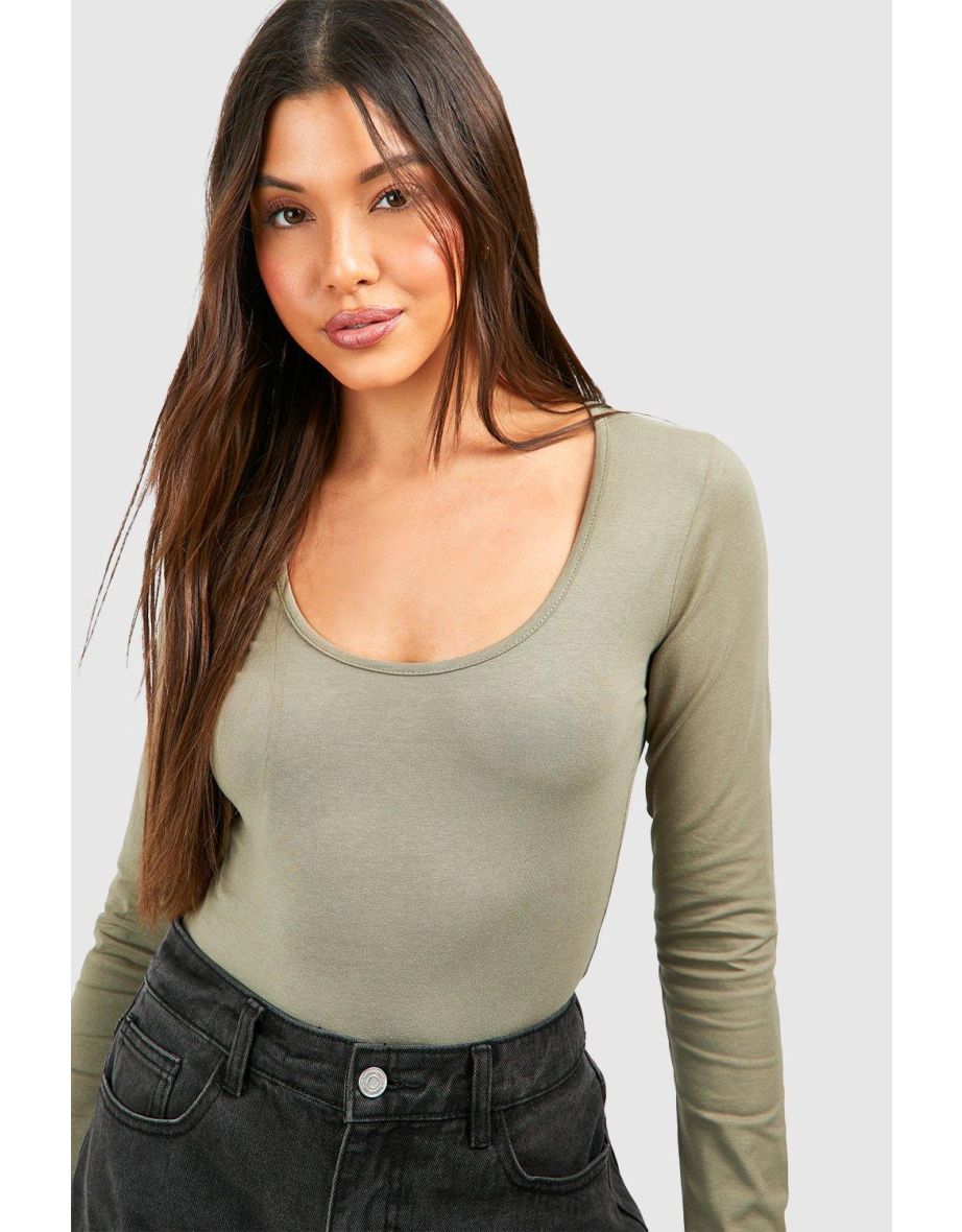 Basic Cotton Extreme Scoop Neck Long Sleeve Bodysuit - khaki - 3