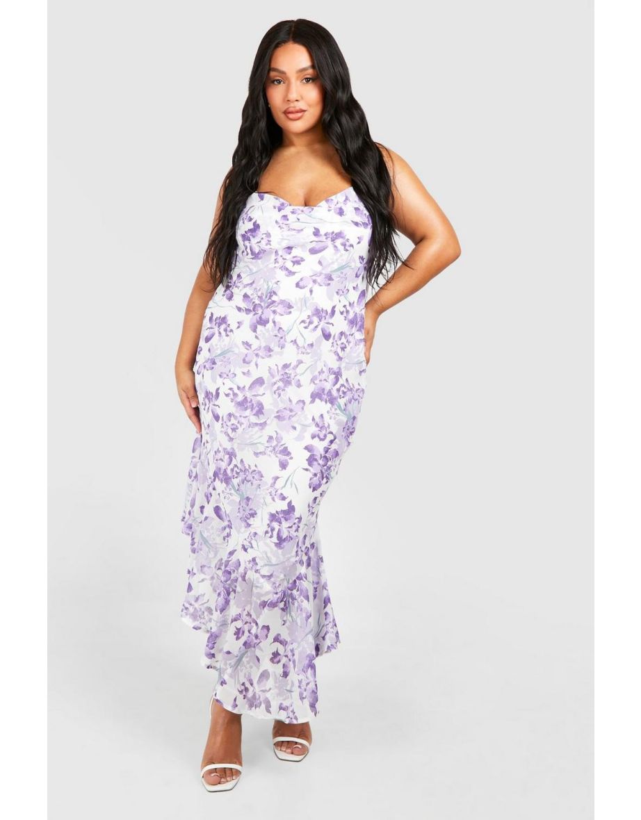 Plus Floral Cowl Back Asymmetric Maxi Dress - purple