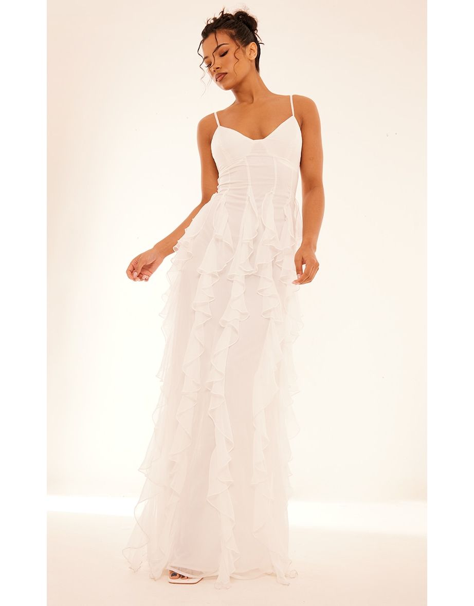 White Satin Ruffle Detail Strappy Maxi Dress