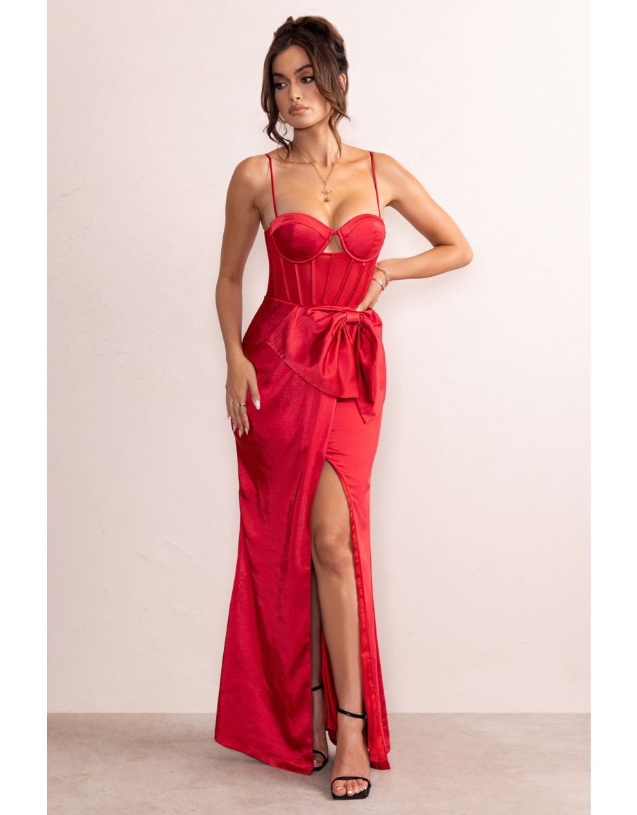 Odette | Red Satin Square Neck Corset Bow Detail Maxi Dress