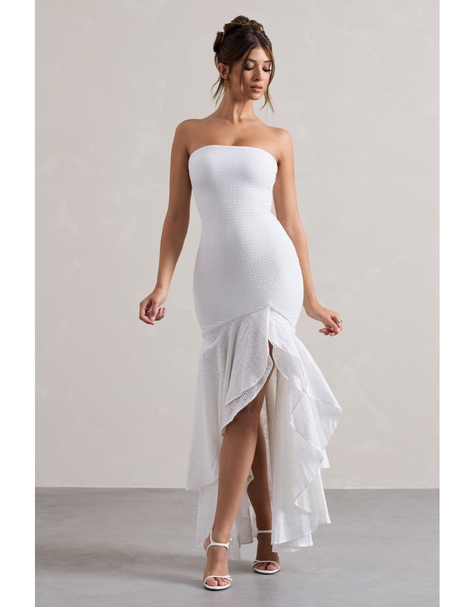 Solange | White Broderie Bandeau High-Low Maxi Dress
