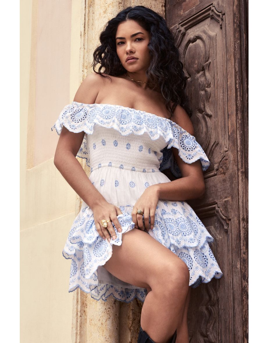 Shop Explorer White Blue Broderie Ruffled Bardot Mini Dress Online in Saudi Arabia VogaCloset